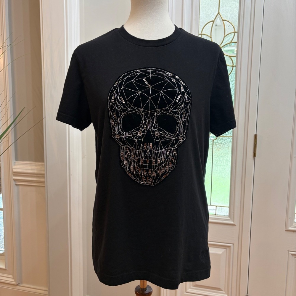 Guess Los Angeles Black Sequin Velvet Skull T-Shirt Mens Medium Unisex Goth Y2K